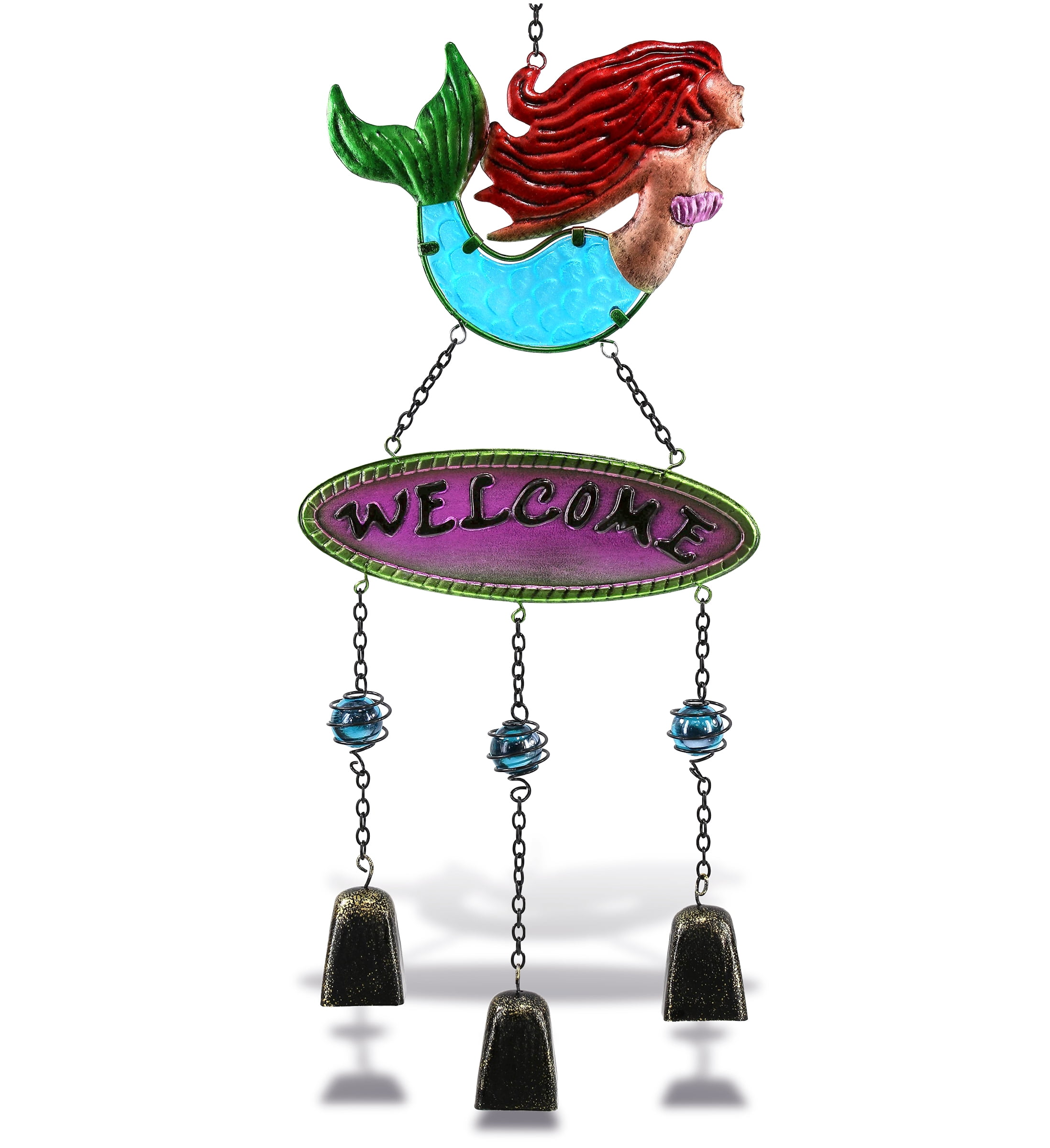Handmade Colorful Mermaid Glass and Metal Wind Chime, 25.5 Inches