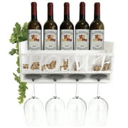 CoTa Global Modern White Wall Mounted Wine Rack - Wooden Wine Bottle Holder For 5 Bottles & 4 Wine Glasses With Cork Storage, Hanging Metal HOME Sign & Organizer Wood shelf for Wine Bar & Home Décor