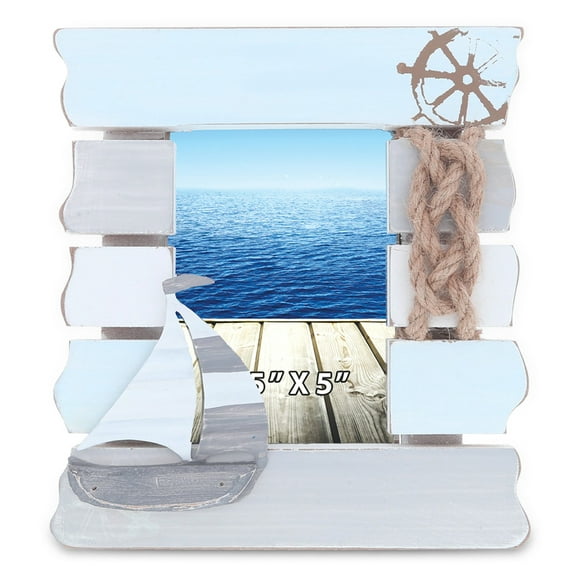 CoTa Global Moonlight Beach 3.5x5 Frame - Wooden Photo Frame with Boat and Nautical Ropes for Summer Vacation Memory, Handmade Sailing Nautical Picture Frame For Tabletop or Wall Hang - 7.65 Inch
