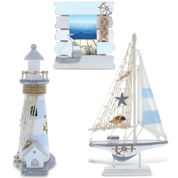 CoTa Global Moonlight Nautical Collection - Handcrafted Distressed Wooden Photo Frame, Lighthouse Figure and Boat Decorative Beach Style Tabletop Centerpieces Nautical Themed Decor Set - 3 Pieces