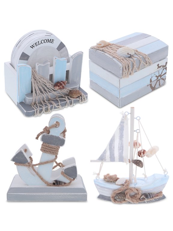 Moonlight Nautical Collection - Handcrafted Wooden Jewelry Box, Nautical Coasters Set, Anchor Napkin Holder, and Mini Sailboat Model Decorations, Tabletop Centerpieces Set - 4 Pieces