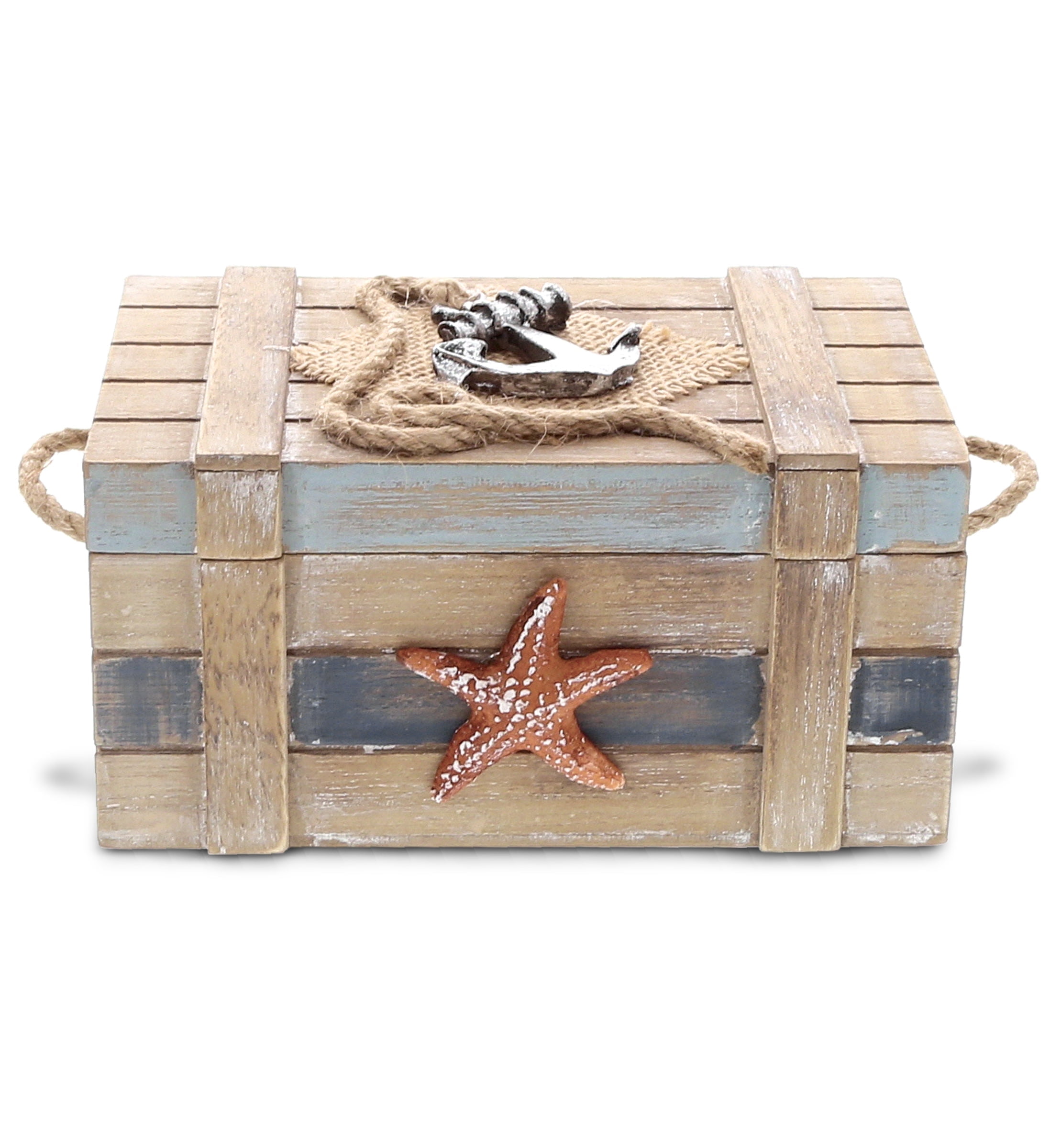 Nautical Brown and Blue Wooden Jewelry Box with Starfish and Anchor