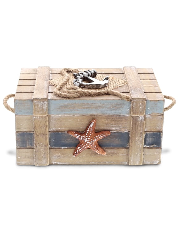 Neptune Nautical Wooden Jewelry Box with Hinged Lid - 6.5 Inch