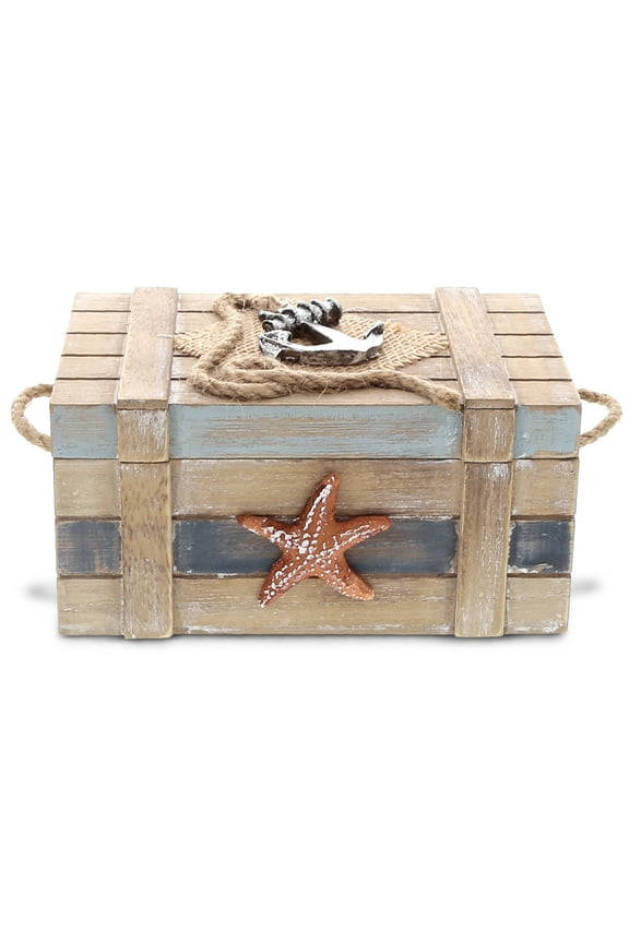 Neptune Wooden Jewelry Box - Handcrafted Nautical Trinket Wooden Box with Starfish and Boat Anchor, Decorative Box With Hinged Lid for Beach Home Decor, Beach Souvenirs - 6.5 Inches