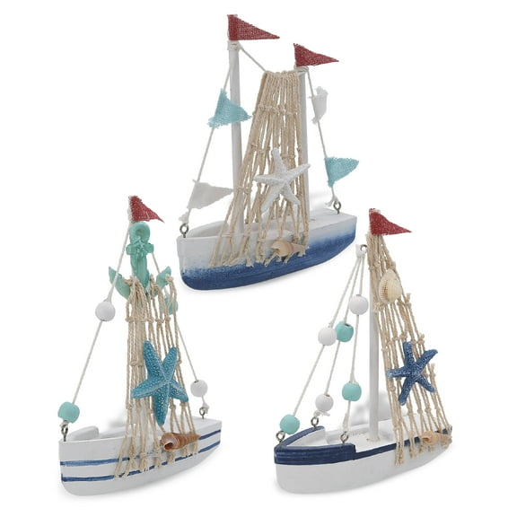 CoTa Global Ocean Blue Mini Sailboats Decor Set - Handcrafted Wooden Boats, Model Sailboats Decor, Cute Beach Themed Home Decorations, Mini Boats with Beach Shells for Bedroom - 6.7 Inches - Set of 3