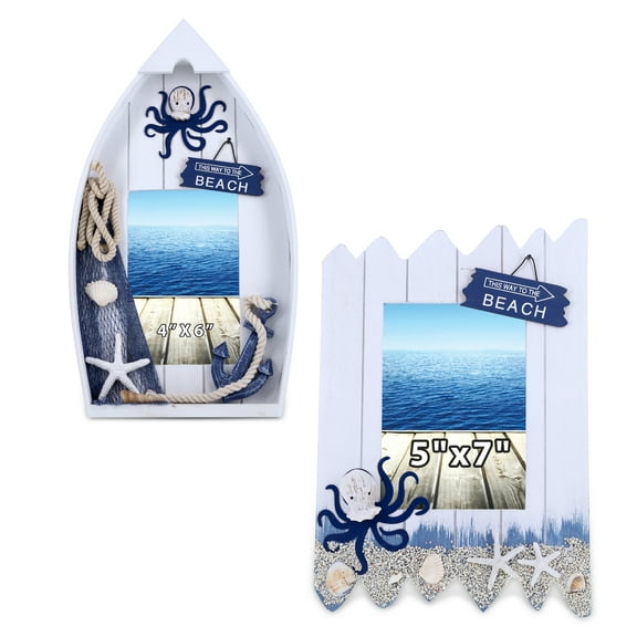 CoTa Global Ocean Blue Octopus Nautical Photo Frames, 2 Pcs Set - Handmade Wooden Nautical Photo Frames for Tabletop Display or Hanging, Nautical Themed Decor Ornaments - Handmade Color May Vary