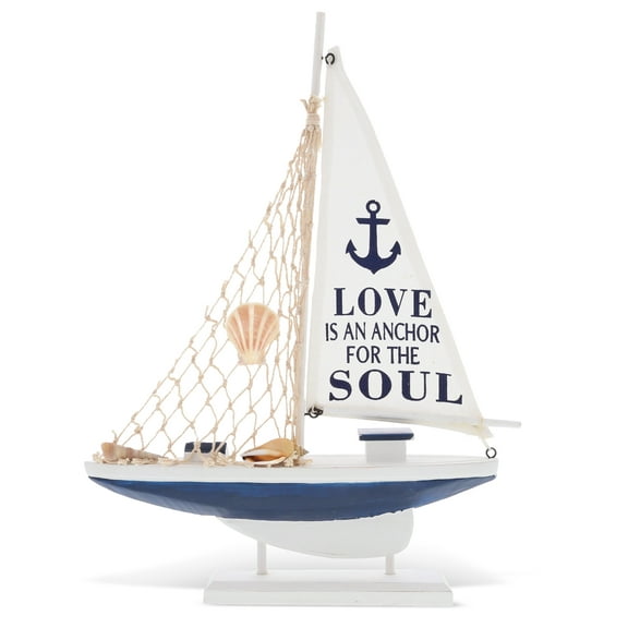 CoTa Global Ocean Blue Sailboat Decor – Handmade Wooden Boat Decor, Cute Beach Style Model Sail Boat Decorations, Nautical Themed Table Top Decor Living Room Centerpiece - 14 Inch