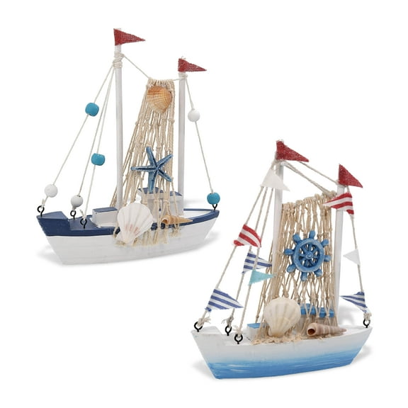 CoTa Global Ocean Blue Small Sailboats Decor - Handcrafted Wooden Boats, Model Sailboats Decor, Cute Beach Themed Home Decorations, Small Boats with Beach Shells for Bedroom - 7.25 Inches - Set of 2