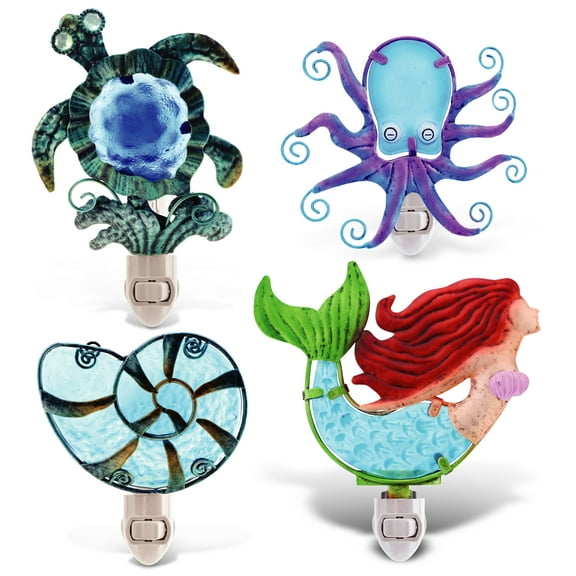CoTa Global Ocean Life Night Lights  Sea Turtle, Shell, Mermaid, Octopus Home Decor Wall Plug In Night Lights With Switch, Decorative Metal Glass Nightlights for Bathroom, Kitchen, Bedroom, 4 Piece