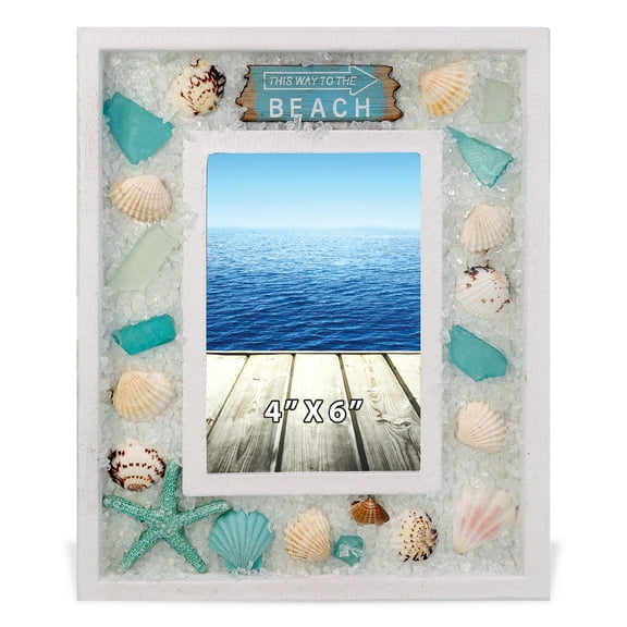 CoTa Global Oceanic 4x6 Wooden Edge Photo Frame - Ocean Picture Holder with Accent of Starfish and Seashell Ornaments, Beach Frame for Summer Beach Photos, Handcrafted Fun Picture Frames - 9.5 Inches