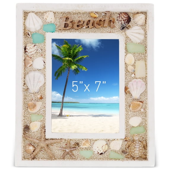 CoTa Global Oceanic 5x7 Beach Picture Frame - Beautiful Decor Accent Seashell Photo Frame for Summer Vacation Memory, Handmade Tropical Sand Nautical Picture Frame for Tabletop or Wall Hang - 11 Inch