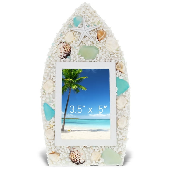 CoTa Global Oceanic Boat Frame 3.5x5 Frame - Seashell Photo Frame with Beach Ornaments for Summer Vacation Memory, Handmade Tropical Sand Nautical Picture Frame for Tabletop or Wall Hang - 10.7 Inch