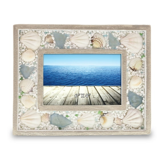 CoTa Global Oceanic Sea Shell Beach 6x4 Frame - Distressed Wood Seashell Photo Frame for Summer Vacation Memory, Handmade Beach Sand Nautical Picture Frame For Tabletop Decor - 9.5 Inches