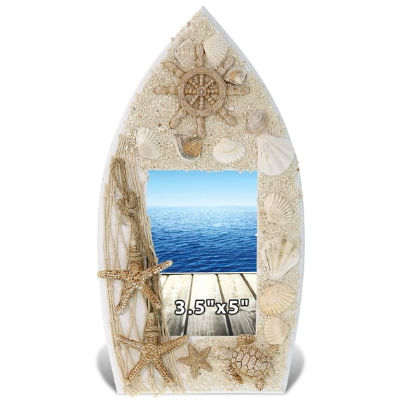 CoTa Global Oceanic Sea Turtle Boat 3.5X5 Frame - White Wood Seashell Photo Frame for Summer Vacation Memory, Handmade Tropical Sand Boat Nautical Picture Frame For Tabletop or Wall Hang - 9.4 Inches