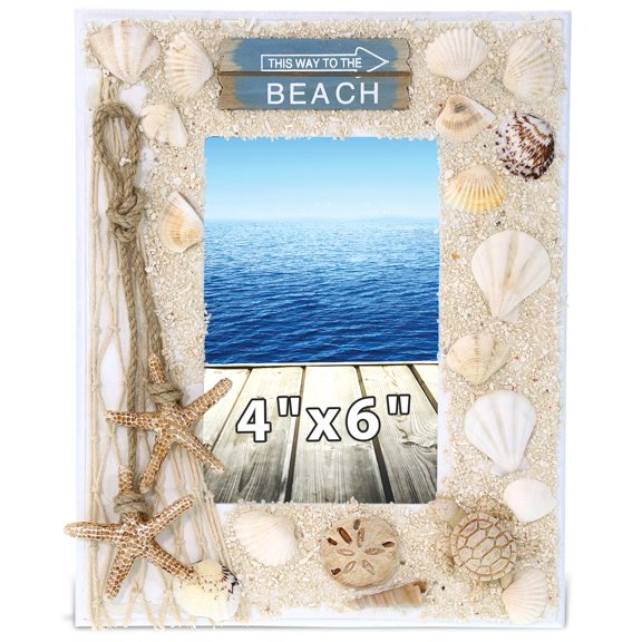CoTa Global Oceanic Sea Turtle Photo 4X6 Frame - White Wood Seashell Photo Frame for Summer Vacation Memory, Handmade Tropical Sand Nautical Picture Frame For Tabletop or Wall Hang - 9.4 Inches