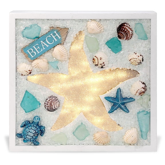CoTa Global Oceanic Starfish Wall Light - Nautical Themed Wood Sign, Beach Decor for Wall, Novelty White and Blue Starfish and Seashell Wooden Figure, Nautical Coastal Decor Accessory - 8.25 Inches