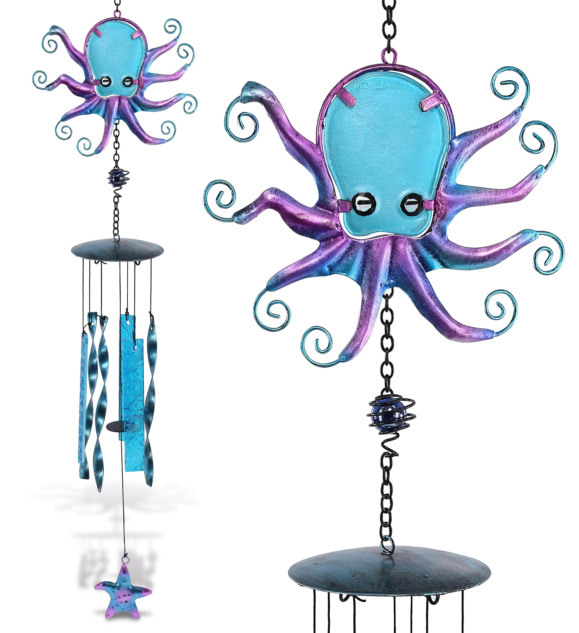 CoTa Global Octopus Wind Chime - Handmade Glass and Metal Chime - Ocean Life Hanging Decor - Colorful Home Decor Gift, Indoor and Outdoor Hanging Decoration for Porch, Patio and Garden – 27.5 Inches