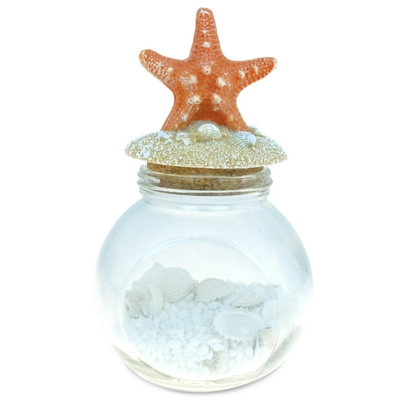 CoTa Global Orange Starfish Nautical Glass Bottle with Crystal Rocks and Shells - Decorative Bottle with Fixed Starfish Lid Jar Topper, Glass Jar for Beach Home Decor, Starfish Gift and Souvenir