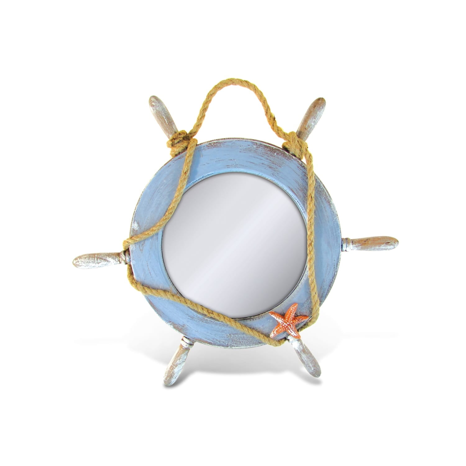 Blue Distressed Wood Nautical Boat Wheel Mirror with Rope and Starfish