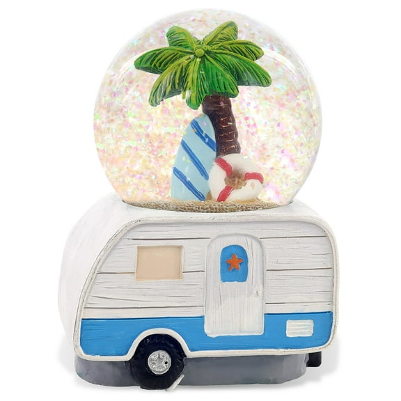 CoTa Global Palm Tree RV Camper Snow Globe Decor - Elegant Pink Sparkle Glitter Inside The Snow Globe, RV Camper Figurines for Kids and Adults, Collectible Snow Globes for Birthday, Christmas - 65 mm