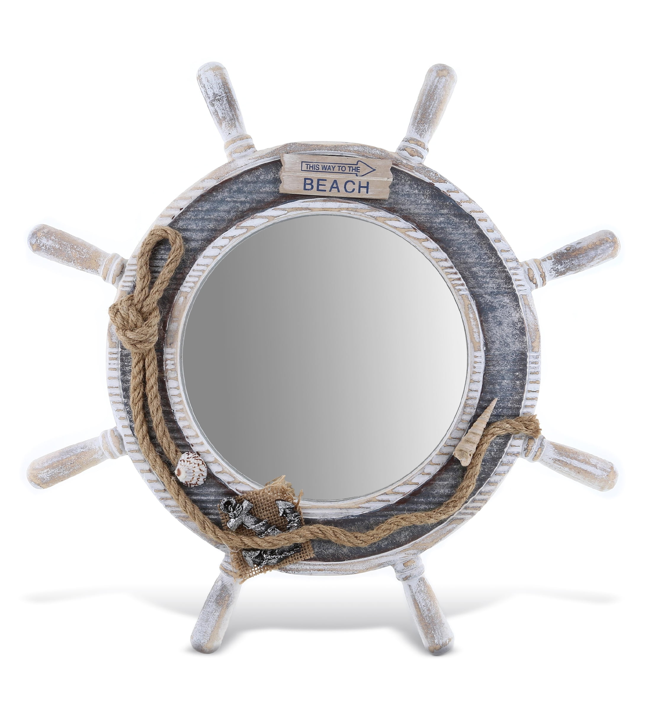 Handcrafted Washed Off White Nautical Ship Wheel Mirror