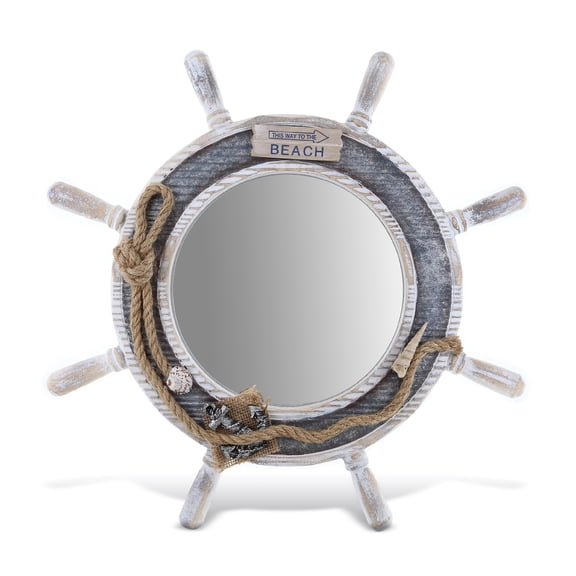 Cota Global Silver Sea Ship Wheel Mirror - Wooden Nautical Wall Decor, Handmade, 16.5 inches