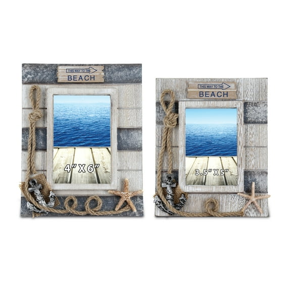 CoTa Global Silver Sea Nautical Photo Frames 4x6 and 3.5x5, 2 Pcs Set - Handcrafted Wooden Nautical Photo Frames for Tabletop Display, Hanging Beach Themed Home Decor Coastal Ornaments, Color May Vary