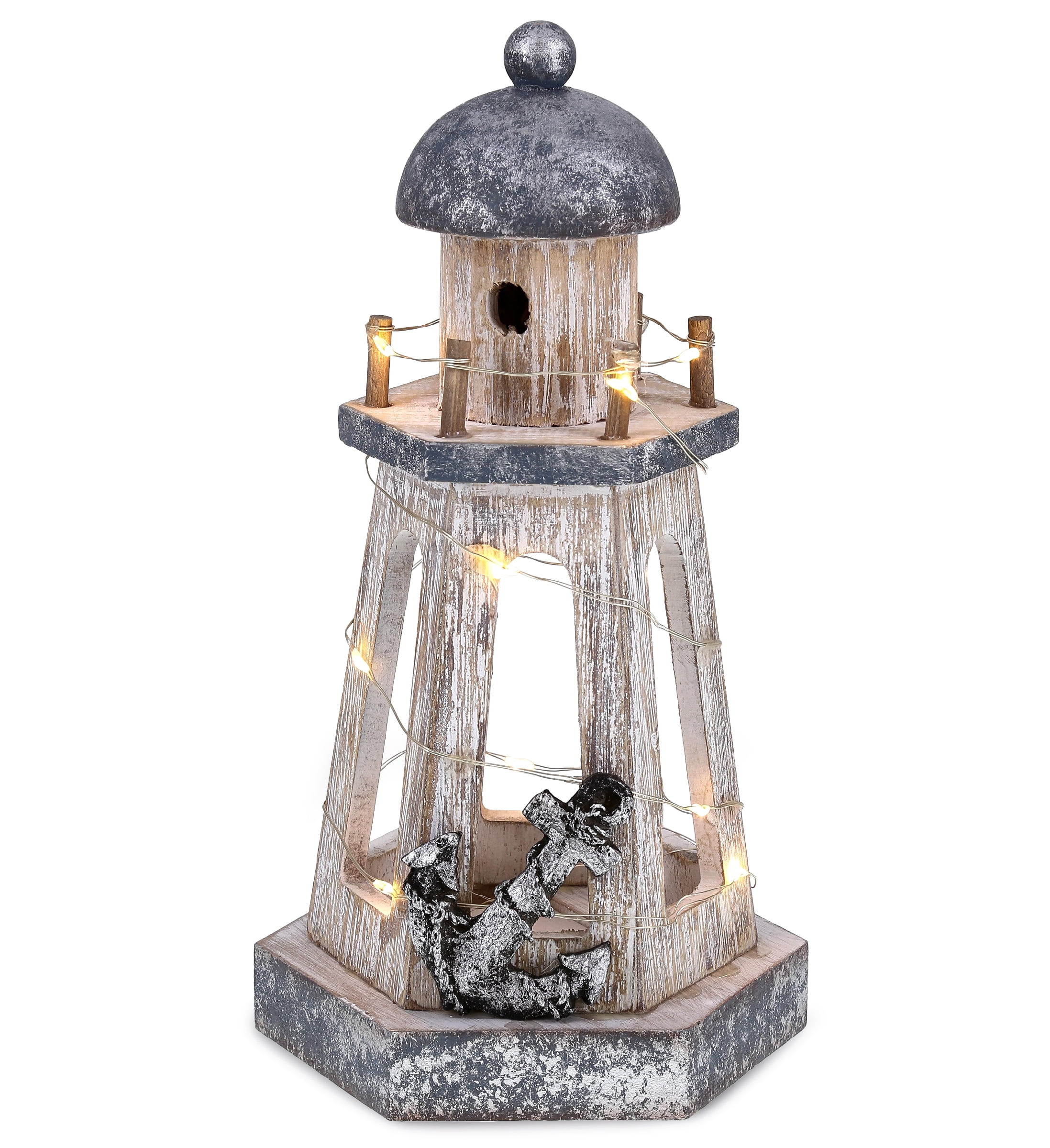 Rustic Silver and Wood Nautical Lighthouse Lantern with LED Lights