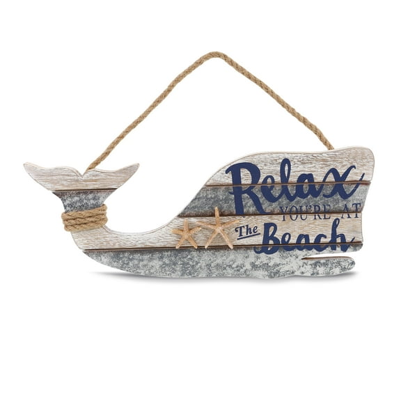 CoTa Global Silver Sea Whale Wall Hanging Relax Sign - Handmade and Crafted Wooden Whale Sign for Hanging, Nautical Theme Decor, Whale Beach Sign, Decorative Coastal Ornament - Handmade Color May Vary