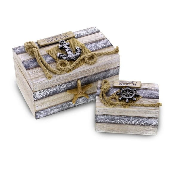 CoTa Global Silver Sea Wooden Jewelry Box, 2 Pcs Set - Handcrafted Nautical Trinket with Anchor and Starfish, Tabletop Home Decor, Beach Sea Shell Jewelry Storage Organizers - Handmade Color May Vary