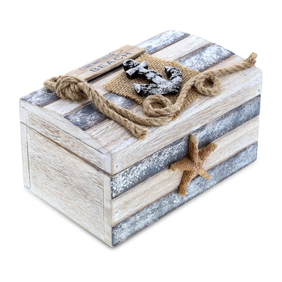 CoTa Global Silver Sea Wooden Jewelry Box - Handcrafted Nautical Trinket with Anchor and Starfish, Accent Tabletop Home Decor, Beach Sea Shell Jewelry Storage Organizer - Large, 7 Inch, Color May Vary