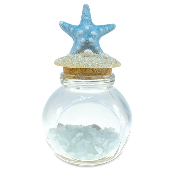 CoTa Global Turquoise Starfish Nautical Glass Bottle with Crystal Rocks and Shells - Decorative Bottle with Fixed Starfish Lid Jar Topper, Glass Jar for Beach Home Decor, Starfish Gift and Souvenir