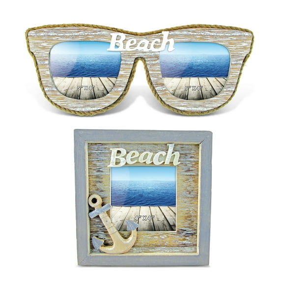 CoTa Global Vintage Nautical Collection - Vintage Beach Sunglass Double Photo Frame and Vintage Beach Frame with Anchor, Handcrafted Nautical Photo Frames for Tabletop Display Memories - 2 Pieces