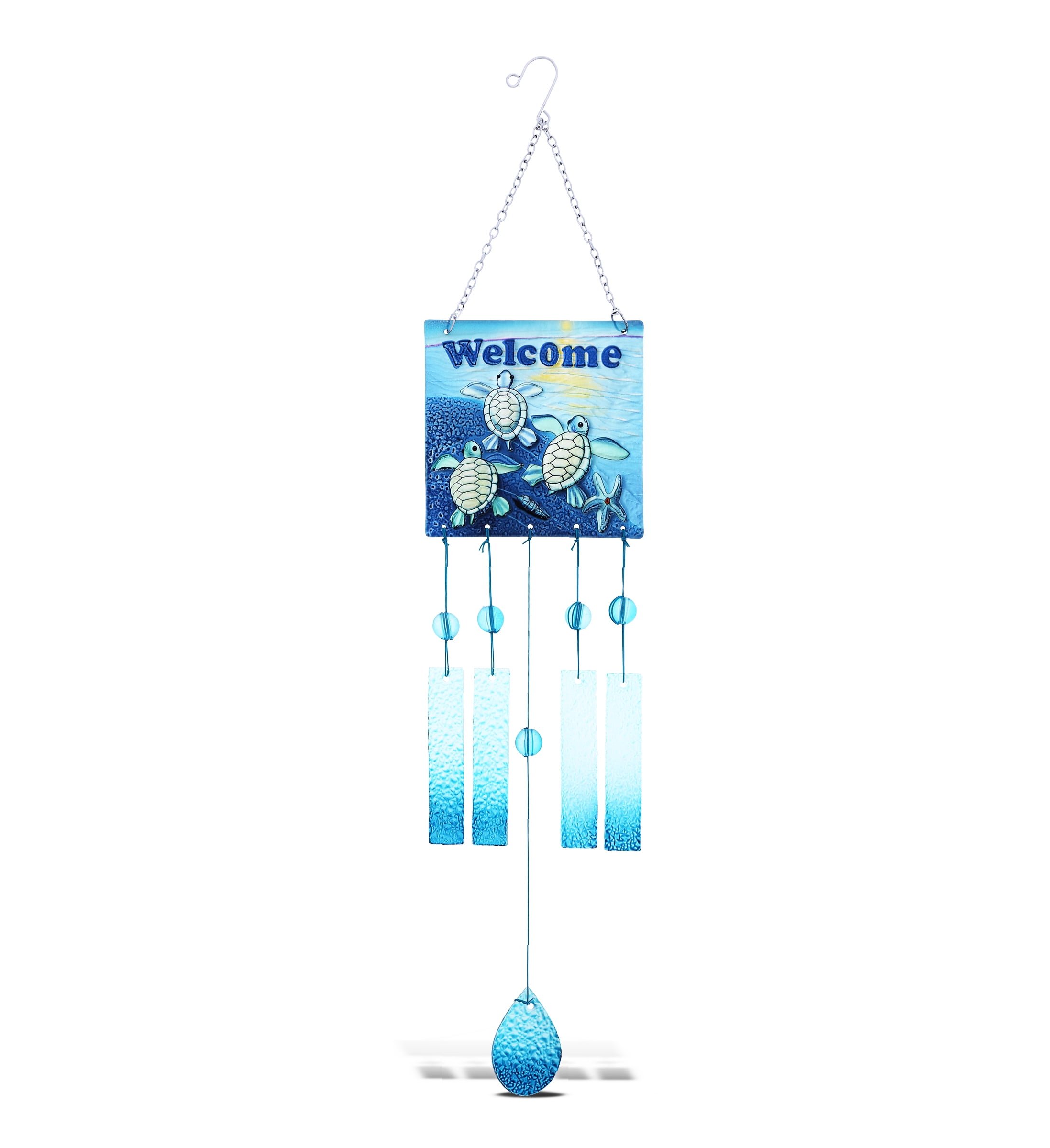 CoTa Global "Welcome" Blue Turtle Hanging Sea Glass Wind Chime 29.92 Inch Nautical Glass Windchime Outdoor Decor for Harmonic Porch, Patio & Garden, Unique Beach Art Indoor Wind Chime Window Mobile