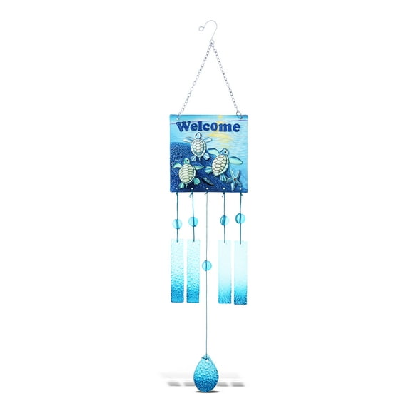 CoTa Global "Welcome" Blue Turtle Hanging Sea Glass Wind Chime 29.92 Inch Nautical Glass Windchime Outdoor Decor for Harmonic Porch, Patio & Garden, Unique Beach Art Indoor Wind Chime Window Mobile
