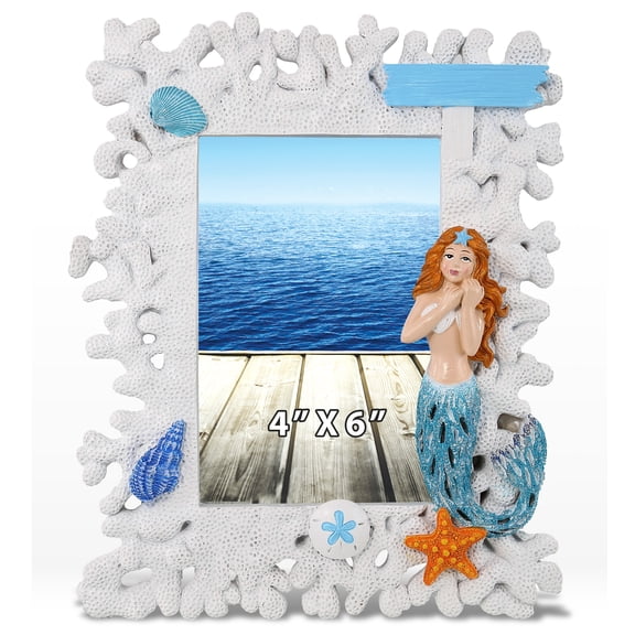 CoTa Global White Coral Mermaid 4x6 Nautical Frame - White Coral Photo Frame for Summer Vacation Memory, Handmade Tropical White Coral Reef Nautical Picture Frame for Tabletop or Wall Hang - 8 Inches