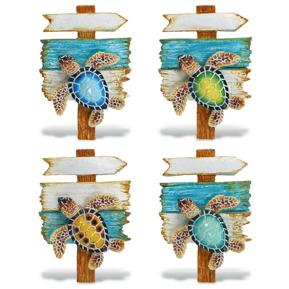 CoTa Global Wooden Sign Sea Turtle Refrigerator Nautical Magnets Set of 4 - Resin Beach Design Magnet, Fun and Cute Ocean Magnets for Kitchen Fridge, Locker, Home Decor, Office Decor Novelty - 4 Pack