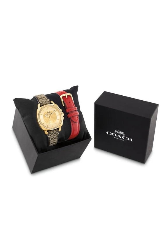 14000091 Boyfriend Gold Tone Logo Glitz Dial Brown Logo Leather Strap Women's Watch & Interchangeable Red Leather Strap