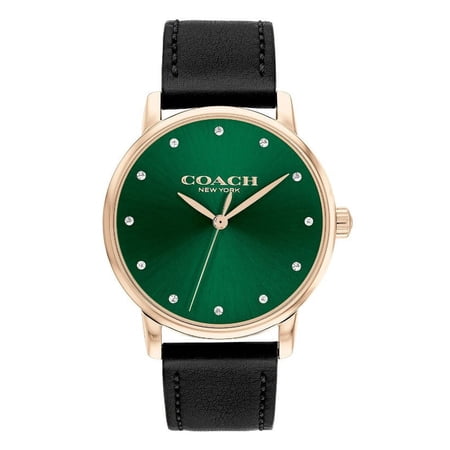 Coach 14503972 Grand Green Carnation Gold Tone Dial Black Leather Band Women's Watch