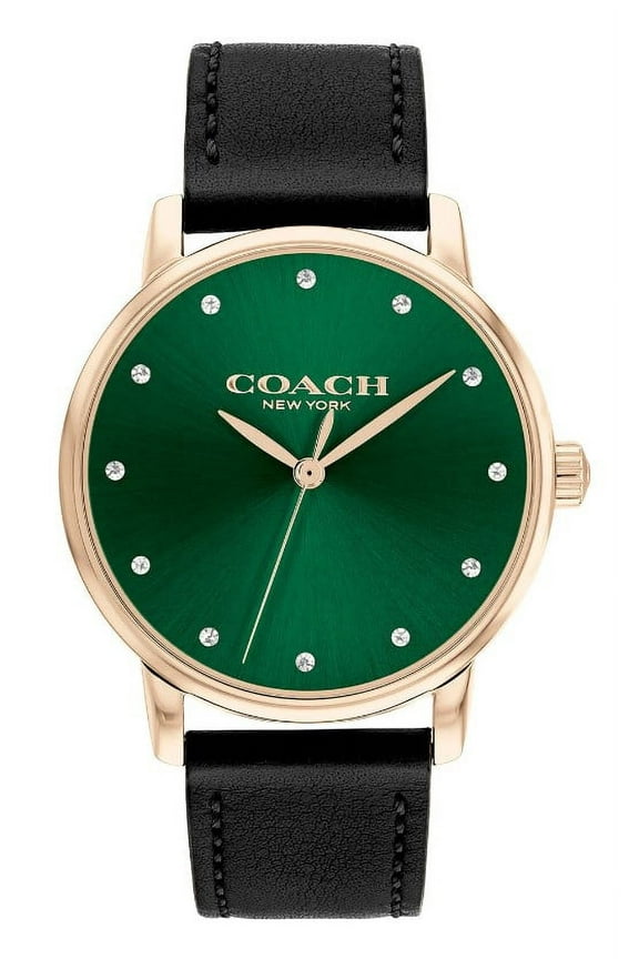 14503972 Grand Green Carnation Gold Tone Dial Black Leather Band Women's Watch