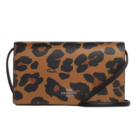 Coach Anna Foldover Clutch Crossbody With Leopard Print And Signature Canvas