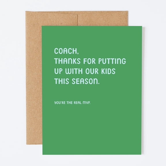 Coach Appreciation Card, Thank You Note for Sports Coach, Funny Season End Gift, Green Card for Team Coaches, Includes Kraft Envelope for Soccer, Baseball, or Basketball Coach