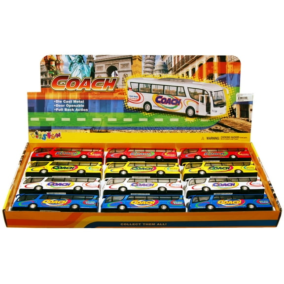 Coach Bus Diecast Car Package - Box of 12 7 inch scale Diecast Model Cars, Assorted Colors