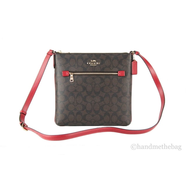 Coach C1554 Rowan Medium Signature Coated Canvas Leather File Bag Crossbody Handbag (Brown/Red)