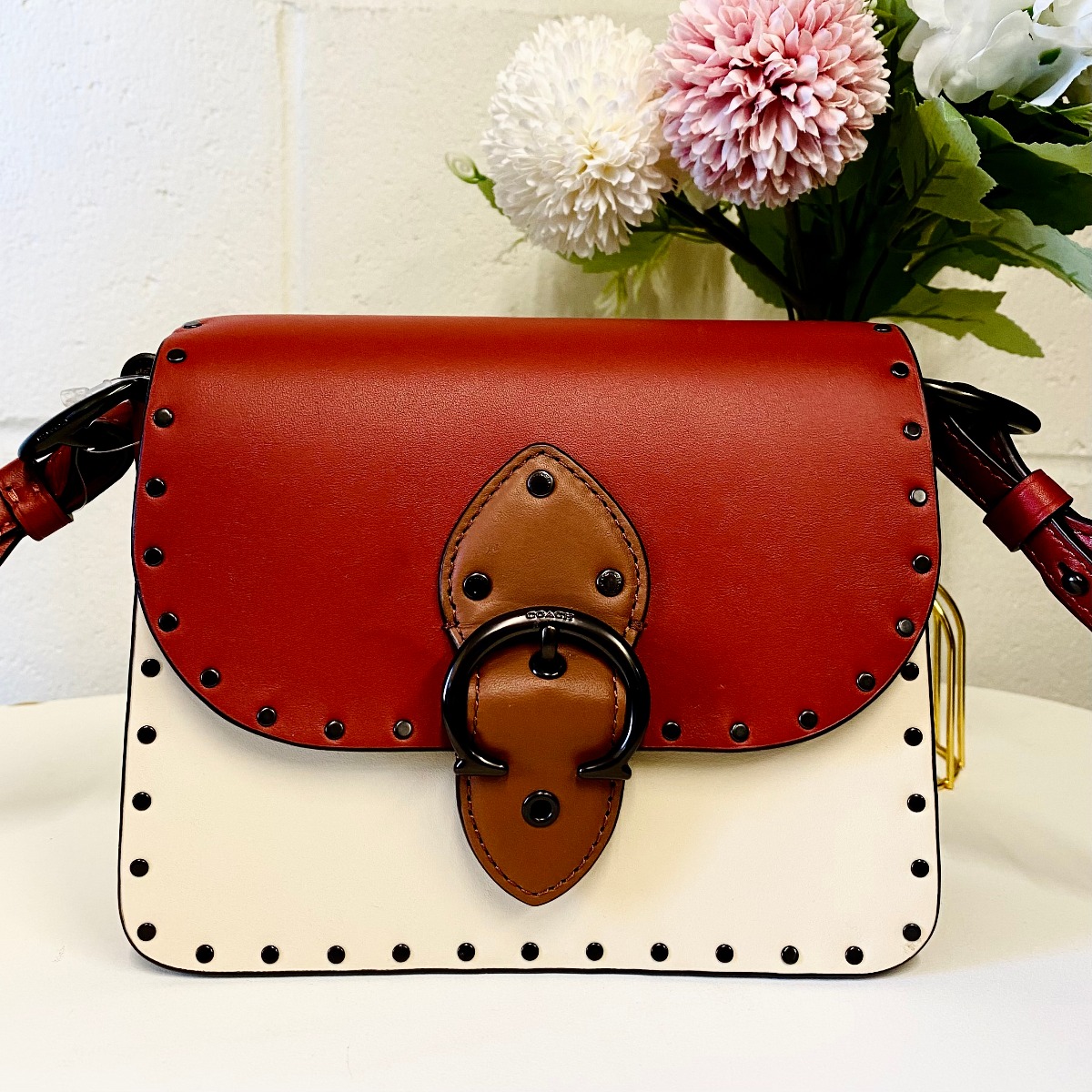 Coach C2661 Beat Shoulder Bag 18 In Colorblock With Rivets In Red Sand
