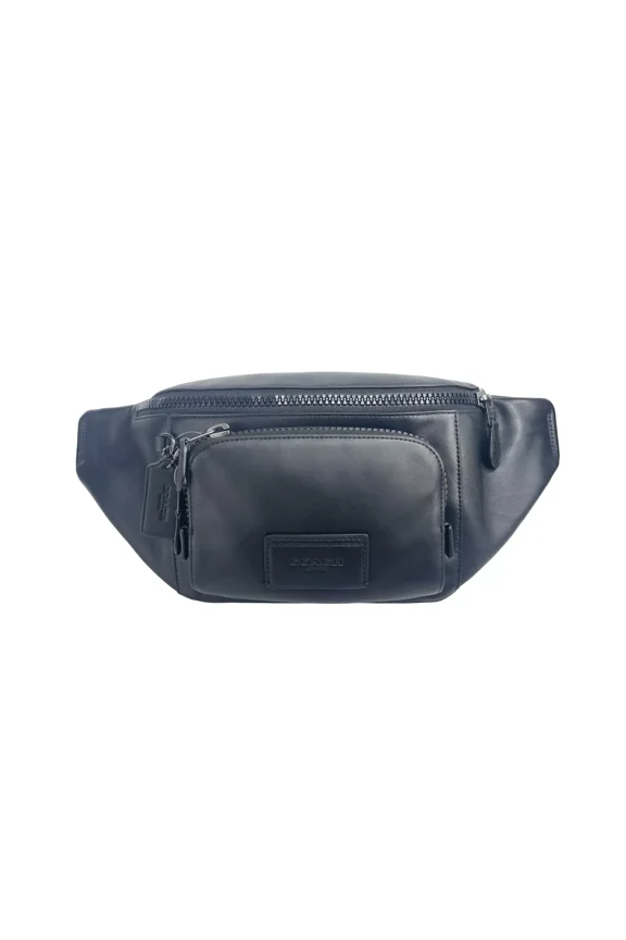 (C2716) Black Leather Track Leather Fanny Pack Belt Bag