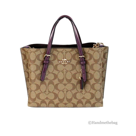 Coach (C4084) Mollie 25 Small Khaki Deep Berry Coated Canvas Tote Crossbody Bag