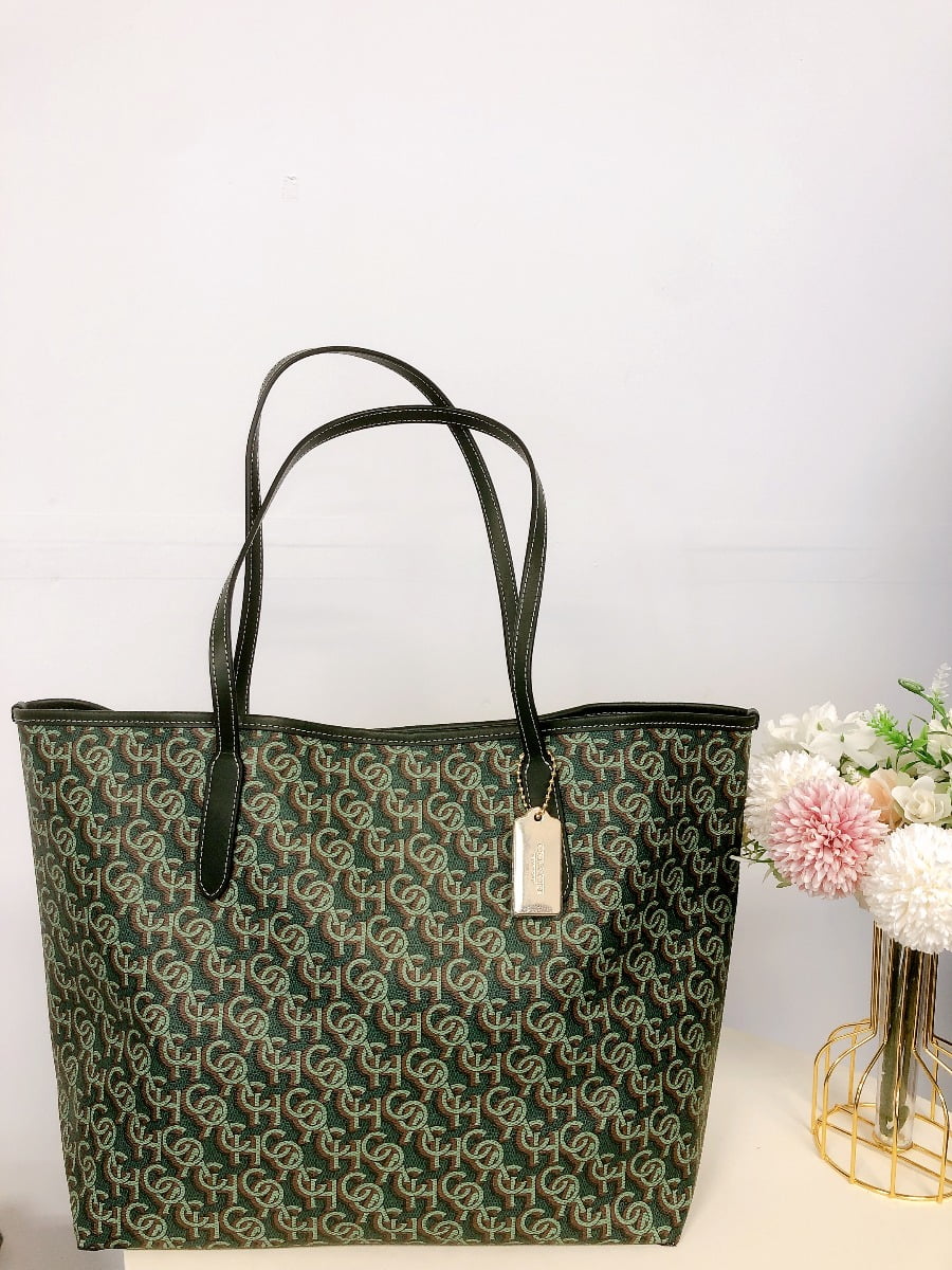 Coach CF342 City Tote with Coach Monogram Print in Green
