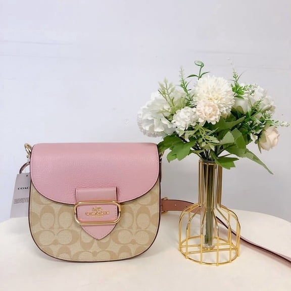 Coach CF410 Morgan Saddle Bag In Signature Canvas In Gold/Lt Khaki/Powder Pink M