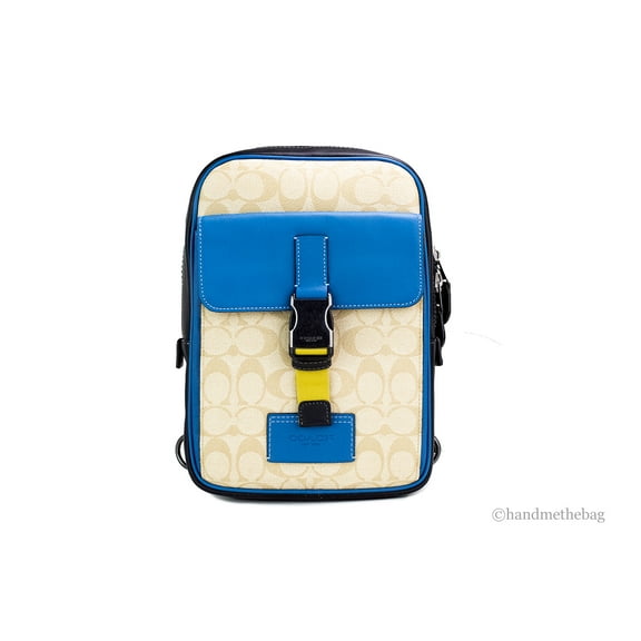 Coach Men's Track Pack, Fashion Daypack, Shoulder Bag, Backpack, Signature Canvas, Light Khaki/Blue Jay